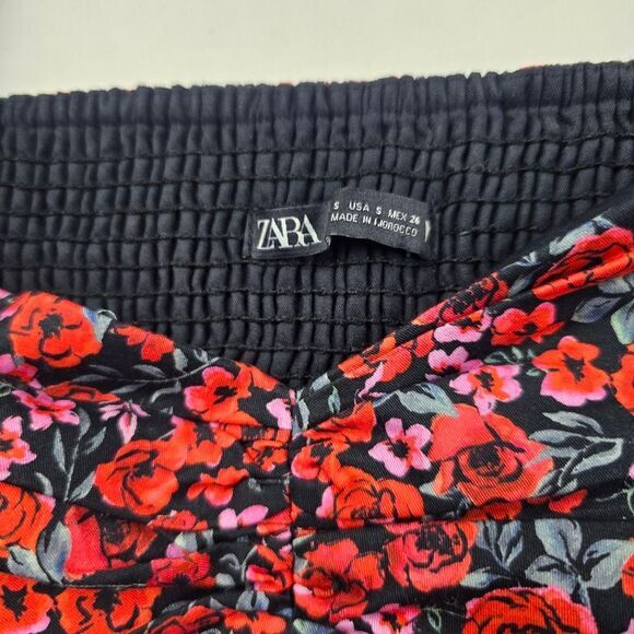 Zara -1807 Long Sleeve Floral Puff Sleeve Sweetheart Crop Top Red NWOT Small - Picture 2 of 7